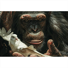 Lade das Bild in den Galerie-Viewer, Acrylglasbild Schimpanse hält sanft eine weiße Taube Querformat
