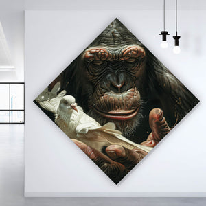 Aluminiumbild Schimpanse hält sanft eine weiße Taube Raute
