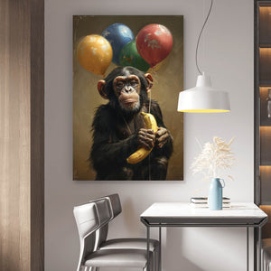 Aluminiumbild Schimpanse mit Luftballons und Banane Hochformat