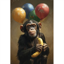 Lade das Bild in den Galerie-Viewer, Acrylglasbild Schimpanse mit Luftballons und Banane Hochformat

