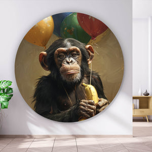 Aluminiumbild gebürstet Schimpanse mit Luftballons und Banane Kreis