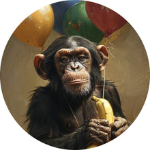 Lade das Bild in den Galerie-Viewer, Aluminiumbild Schimpanse mit Luftballons und Banane Kreis
