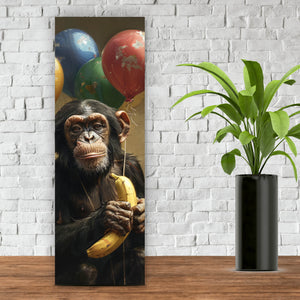 Acrylglasbild Schimpanse mit Luftballons und Banane Panorama Hoch