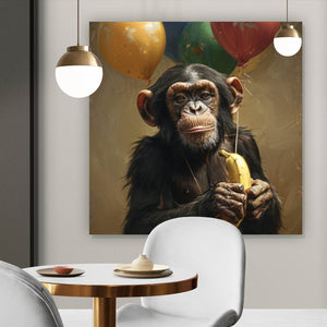 Spannrahmenbild Schimpanse mit Luftballons und Banane Quadrat
