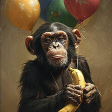 Lade das Bild in den Galerie-Viewer, Leinwandbild Schimpanse mit Luftballons und Banane Quadrat
