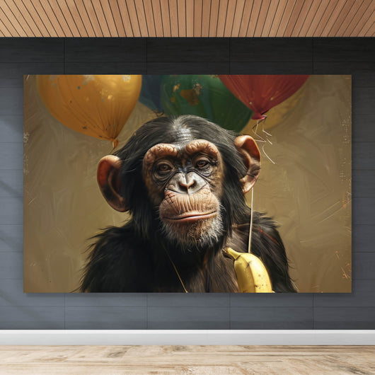 Leinwandbild Schimpanse mit Luftballons und Banane Querformat