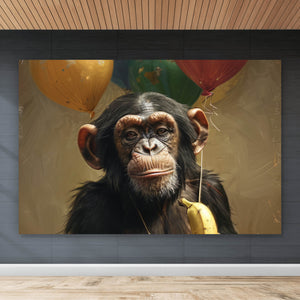 Aluminiumbild Schimpanse mit Luftballons und Banane Querformat