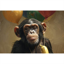 Lade das Bild in den Galerie-Viewer, Acrylglasbild Schimpanse mit Luftballons und Banane Querformat
