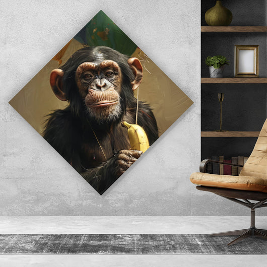 Leinwandbild Schimpanse mit Luftballons und Banane Raute