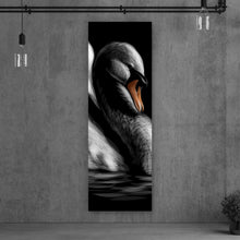 Lade das Bild in den Galerie-Viewer, Aluminiumbild Schwan auf schwarzem Hintergrund Panorama Hoch
