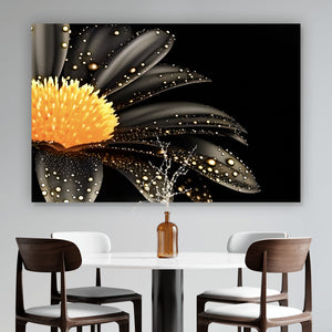 Aluminiumbild gebürstet Schwarze Blume mit Gold Querformat