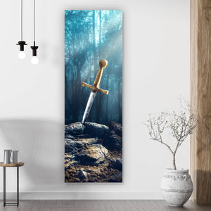 Aluminiumbild Schwert Excalibur mit Lichtstrahlen Panorama Hoch