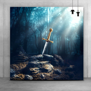 Aluminiumbild Schwert Excalibur mit Lichtstrahlen Quadrat