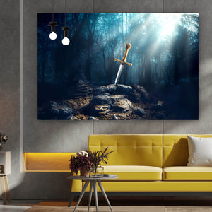 Leinwandbild Schwert Excalibur mit Lichtstrahlen Querformat