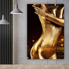 Lade das Bild in den Galerie-Viewer, Aluminiumbild gebürstet Sexy Body Paint Gold Hochformat
