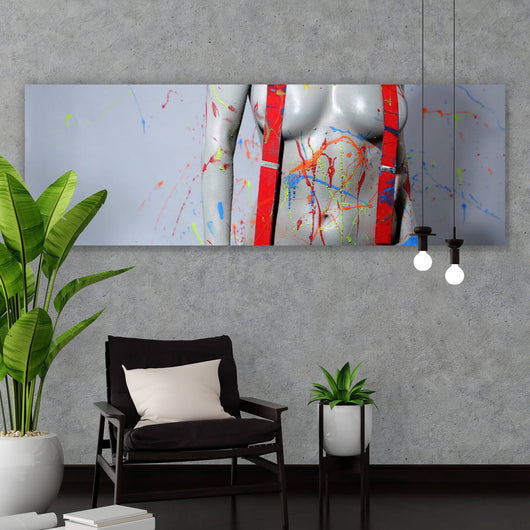 Acrylglasbild Sexy Malerin mit Farbspritzern Panorama