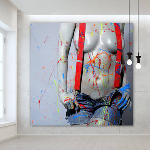 Acrylglasbild Sexy Malerin mit Farbspritzern Quadrat