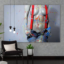 Lade das Bild in den Galerie-Viewer, Acrylglasbild Sexy Malerin mit Farbspritzern Querformat
