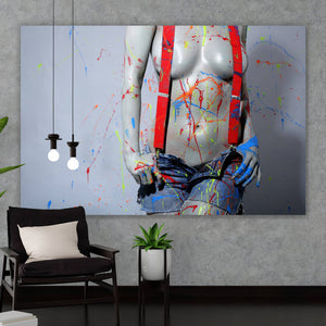 Aluminiumbild Sexy Malerin mit Farbspritzern Querformat