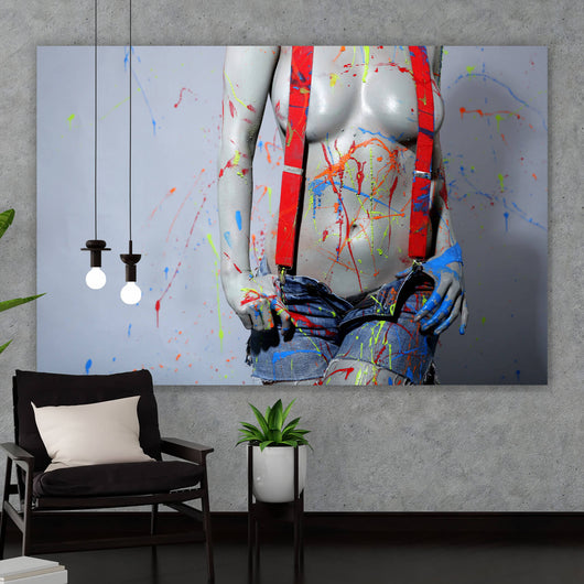 Aluminiumbild gebürstet Sexy Malerin mit Farbspritzern Querformat