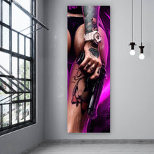 Lade das Bild in den Galerie-Viewer, Aluminiumbild Sexy Pink Gun Girl Panorama Hoch
