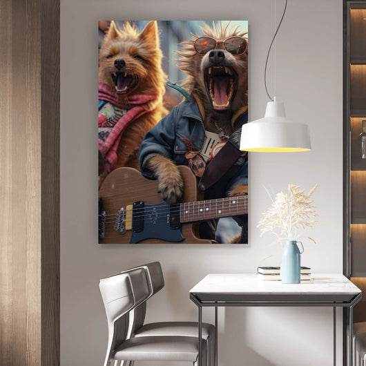 Aluminiumbild gebürstet Singende Hundeband mit Gitarre Hochformat