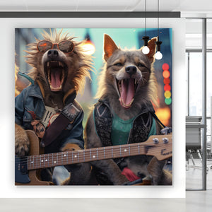 Spannrahmenbild Singende Hundeband mit Gitarre Quadrat