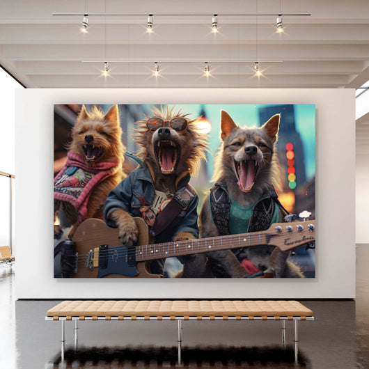 Leinwandbild Singende Hundeband mit Gitarre Querformat