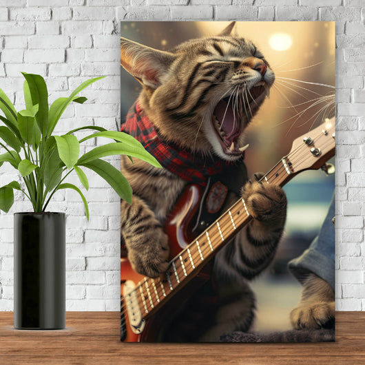 Aluminiumbild gebürstet Singende Katzen mit Gitarre Hochformat