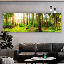 Lade das Bild in den Galerie-Viewer, Leinwandbild Sonnenaufgang im Wald Panorama
