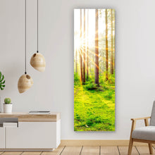 Lade das Bild in den Galerie-Viewer, Acrylglasbild Sonnenaufgang im Wald Panorama Hoch
