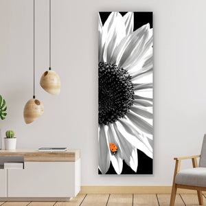 Aluminiumbild gebürstet Sonnenblume mit Marienkäfer Panorama Hoch