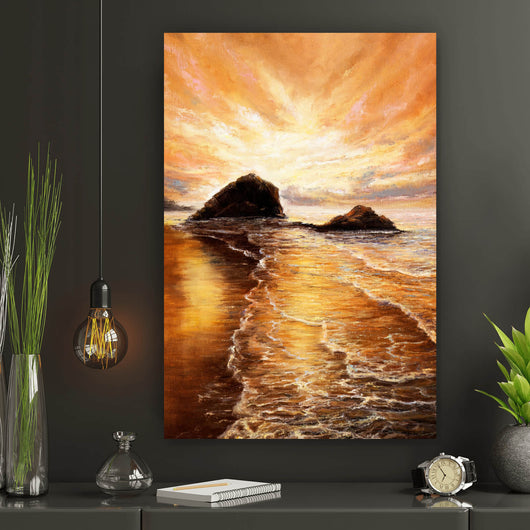 Spannrahmenbild Sonnenuntergang im Ölgemälde Stil Hochformat