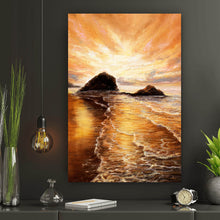 Lade das Bild in den Galerie-Viewer, Aluminiumbild gebürstet Sonnenuntergang im Ölgemälde Stil Hochformat
