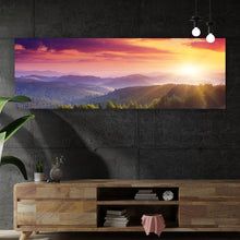Lade das Bild in den Galerie-Viewer, Aluminiumbild Sonnenuntergang in der Gebirgslandschaft Panorama
