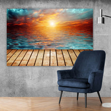 Lade das Bild in den Galerie-Viewer, Leinwandbild Sonnenuntergang über See Querformat

