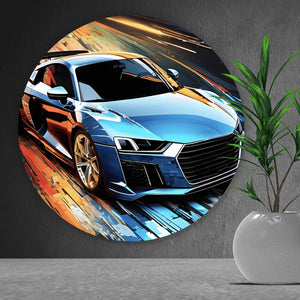 Aluminiumbild gebürstet Blauer Sportwagen Digital Art Kreis