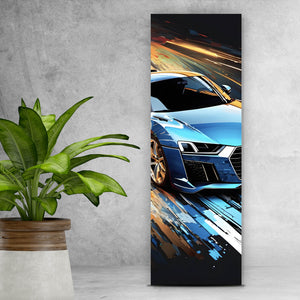 Aluminiumbild gebürstet Blauer Sportwagen Digital Art Panorama Hoch