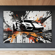 Lade das Bild in den Galerie-Viewer, Aluminiumbild Sportwagen mit Farbspritzern Querformat
