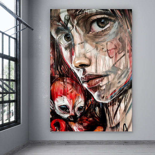 Acrylglasbild Street Art Girl with Monkey Hochformat