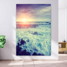 Lade das Bild in den Galerie-Viewer, Leinwandbild Stürmische Wellen bei Sonnenuntergang Hochformat
