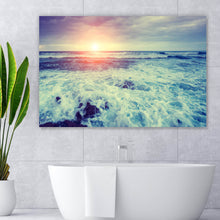 Lade das Bild in den Galerie-Viewer, Leinwandbild Stürmische Wellen bei Sonnenuntergang Querformat
