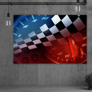 Aluminiumbild Tacho und Flagge Racing Hintergrund Querformat