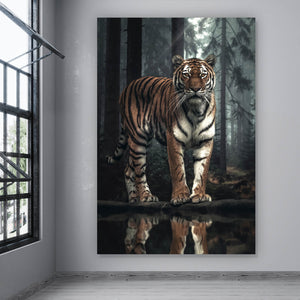 Aluminiumbild gebürstet Tiger der aus dem Wald tritt Hochformat