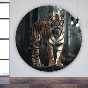 Aluminiumbild Tiger der aus dem Wald tritt Kreis