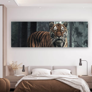 Aluminiumbild gebürstet Tiger der aus dem Wald tritt Panorama