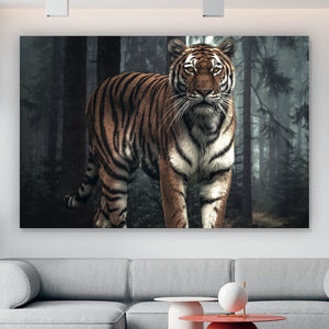 Aluminiumbild Tiger der aus dem Wald tritt Querformat
