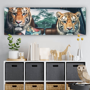 Acrylglasbild Tiger Duo im Anzug Digital Art Panorama