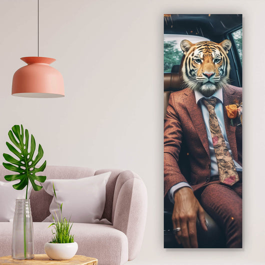 Acrylglasbild Tiger Duo im Anzug Digital Art Panorama Hoch