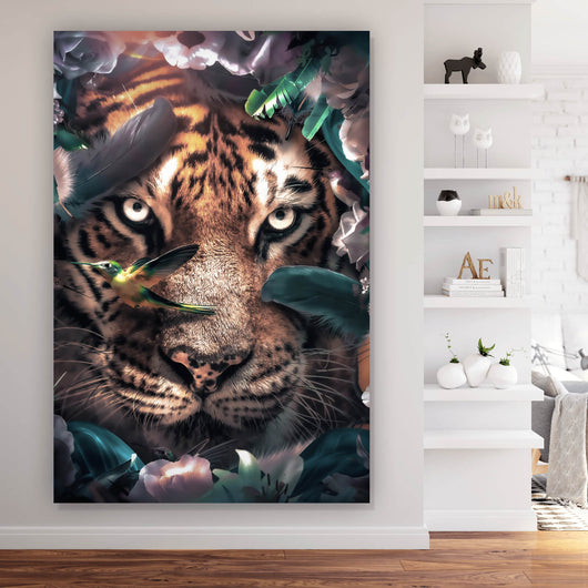 Acrylglasbild Tiger Floral Hochformat